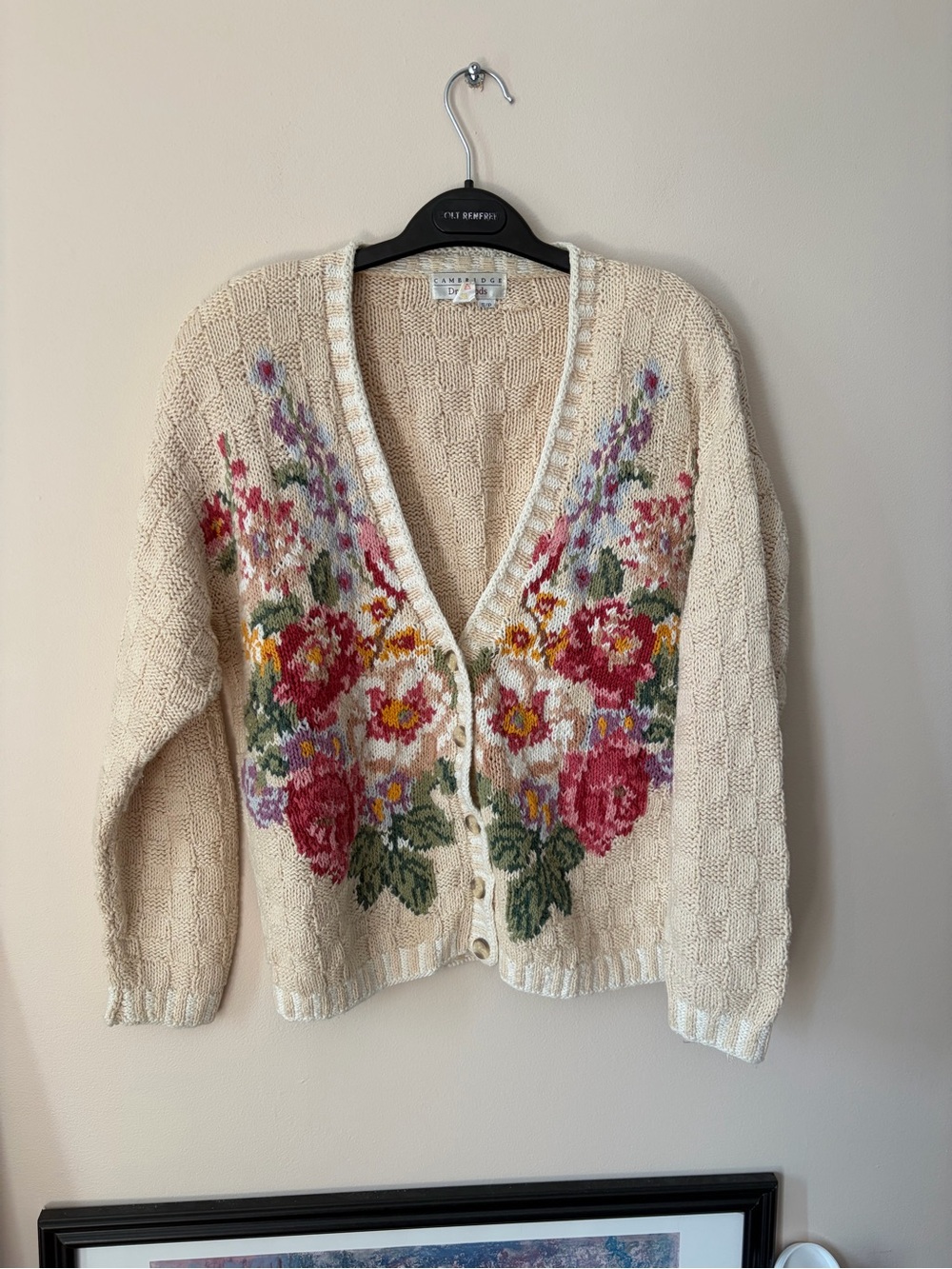 Cambridge Dry Goods Cream Cardigan with Multicolor Floral Jacquard